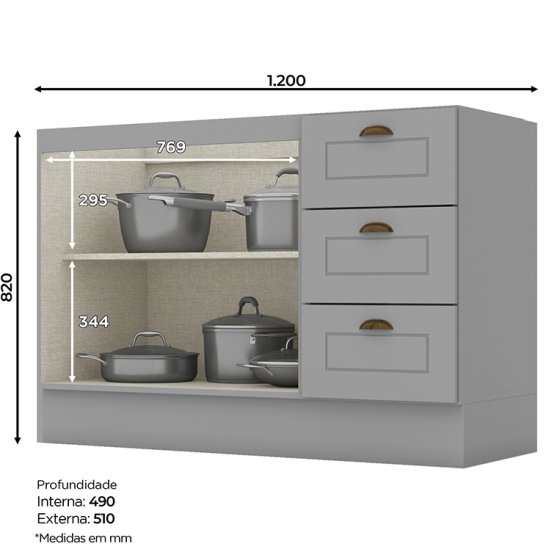 Armário Pia 03 Gavetas 02 Portas 1.200 mm Americana