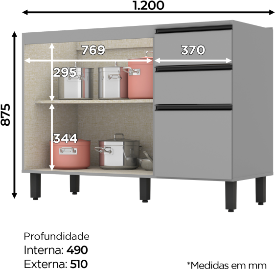 Armário Pia 02 Portas 03 Gavetas 1.200 mm Belize