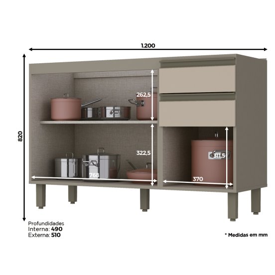Armário Pia 02 Gavetas 03 Portas Connect 1.200 mm 