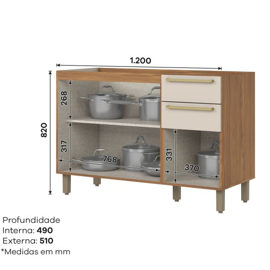 Balcão Pia 03 Portas 02 Gavetas 1.200 mm Requinte