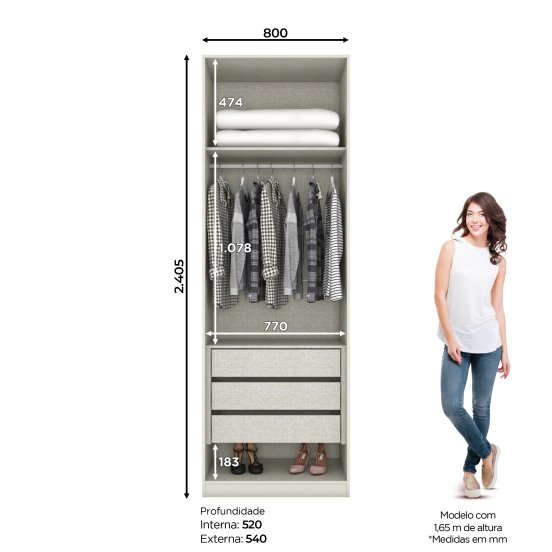 Guarda-roupa 02 Portas 03 Gavetas com Espelho Seletto