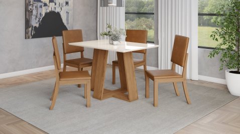 Mesa Lins 1200 Reto com Vidro + 04 Cadeiras Milla Corano