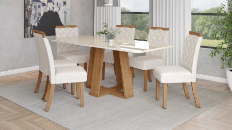 Mesa Lins 2000 Arredondado com Vidro + 06 Cadeiras Bella Linho