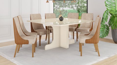 Mesa Mavi 1500 Arredondado com Vidro + 08 Cadeiras Ivy Corano Caramelo