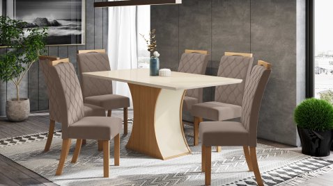 Mesa Luiza 1.600 Reto Vidro + 06 Cadeiras Bella